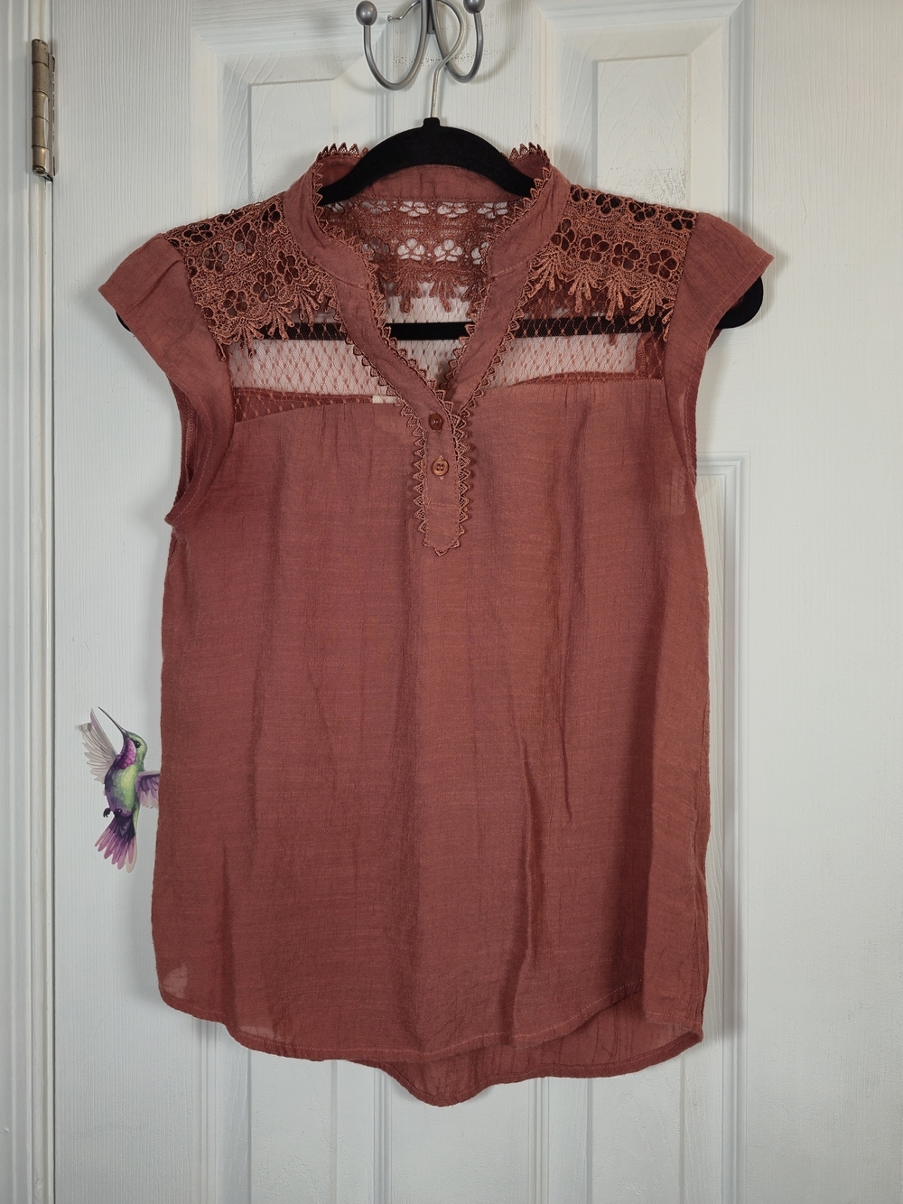 Sweet Wanderer Rose Clay Boho Crochet Lace Mesh Yoke Gauze Blouse Size M